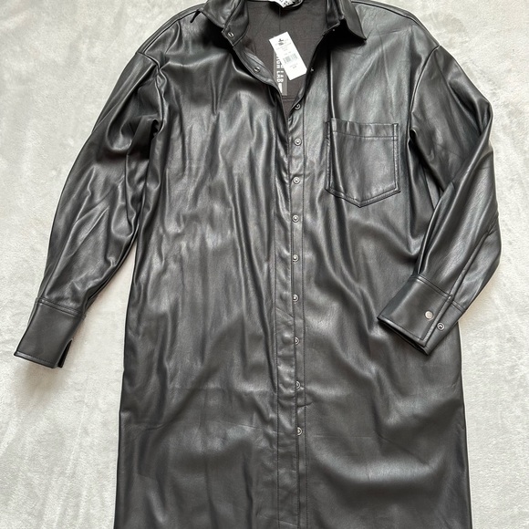 Faux (Vegan) Leather Black Shirt Dress, Relaxed Fit, Size S - Picture 2 of 8